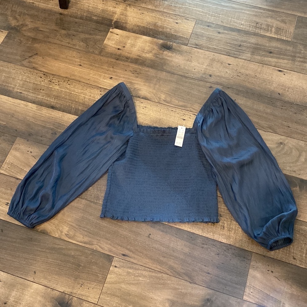 Puff balloon sleeve smocked square neck blouse NWT j crew silky blue - Picture 5 of 5